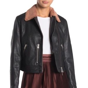 AllSaints black leather jacket with pink fur collar